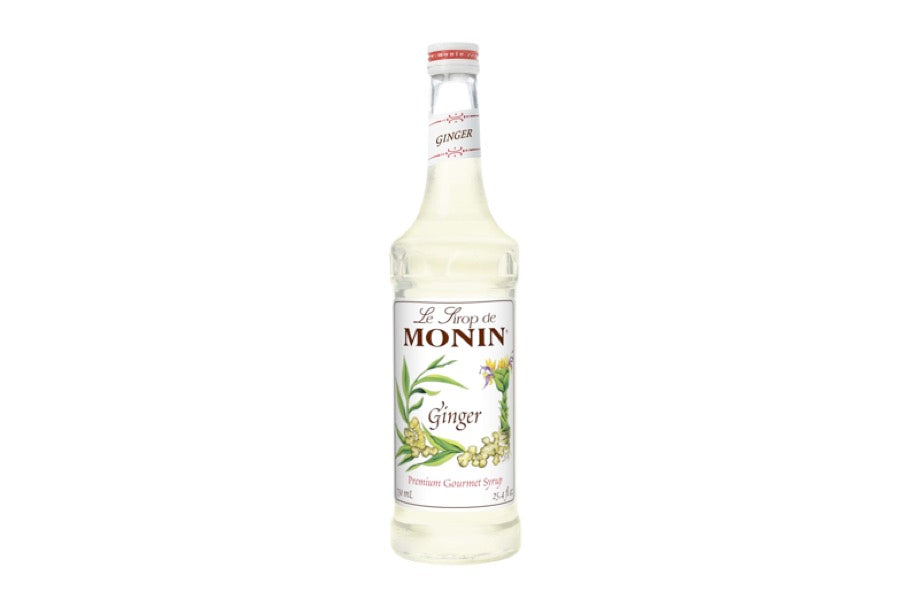 Monin Premium Ginger Syrup in a 750ml glass bottle with a warm amber label, ideal for cocktails, teas, and culinary use, on sale